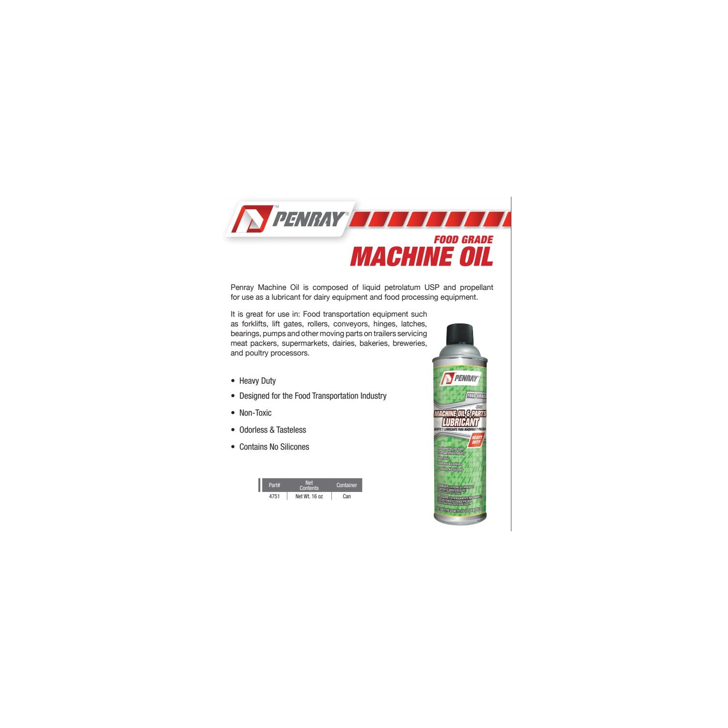 Lubrifiant pour huile Pray Food Grade pour machine et pièces, service dur 4751