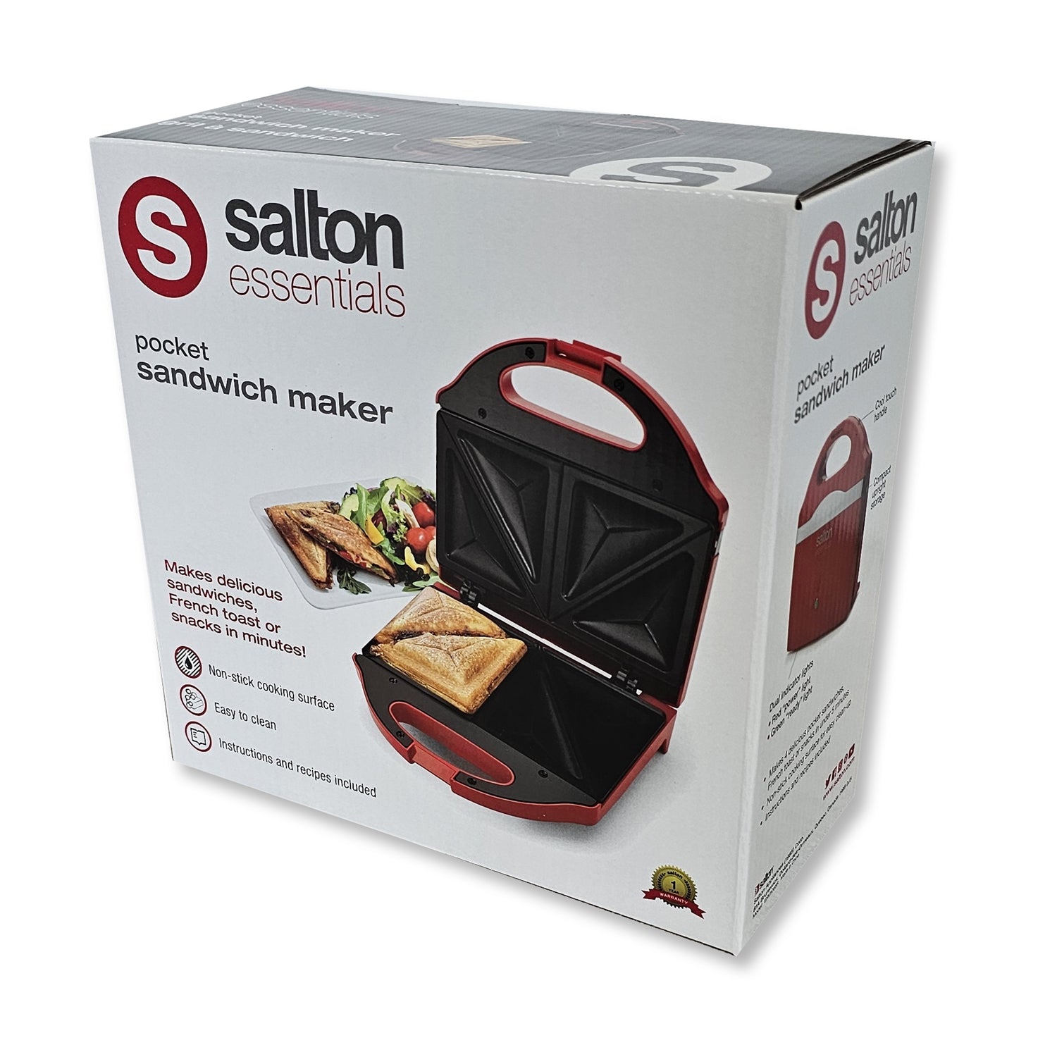 Salton Essentials - Compact Sandwich Grill with Non-Stick Cooking Surface, Red