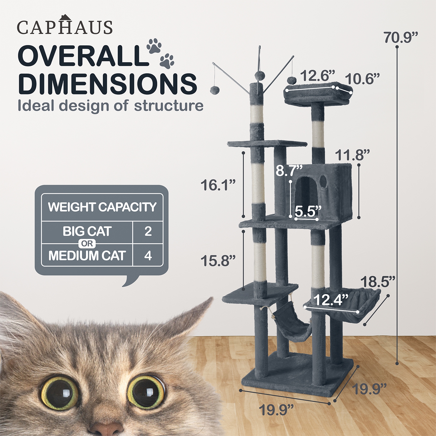 BOWHAUS 70 in. Dark Grey Cat Tower for Indoor Cats, Multi-Level Cat Activity Tree with Scratching Posts, Basket, Cave Condo