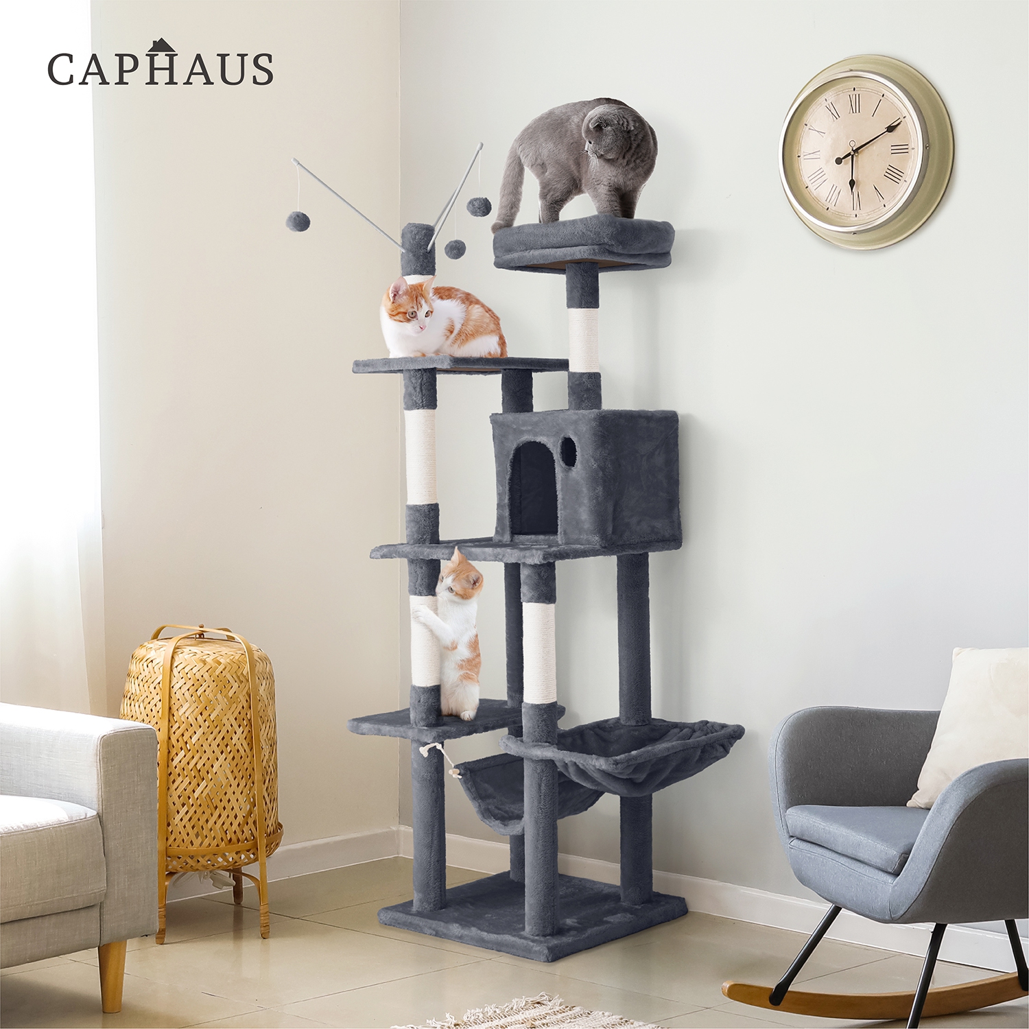 BOWHAUS 70 in. Dark Grey Cat Tower for Indoor Cats, Multi-Level Cat Activity Tree with Scratching Posts, Basket, Cave Condo