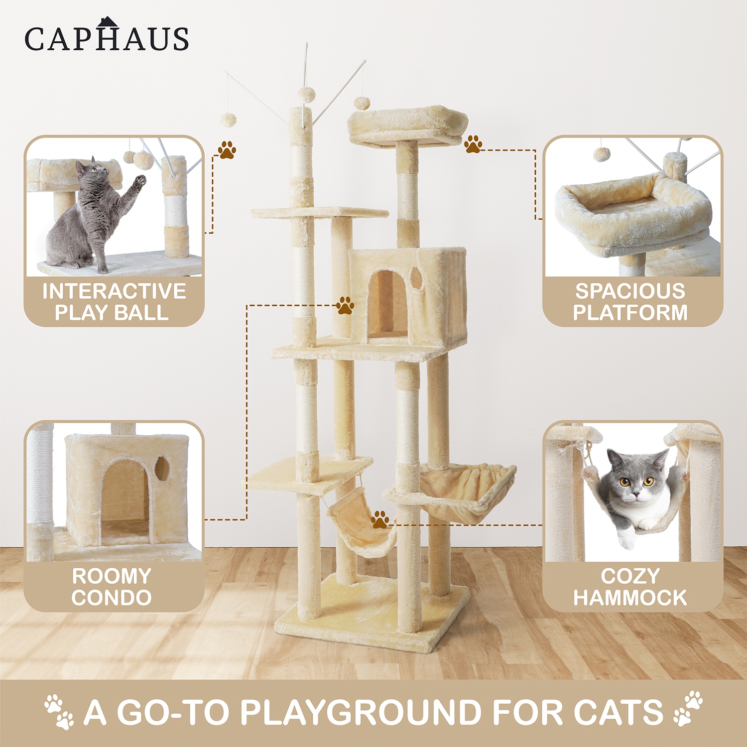 BOWHAUS 70 in. Dark Grey Cat Tower for Indoor Cats, Multi-Level Cat Activity Tree with Scratching Posts, Basket, Cave Condo
