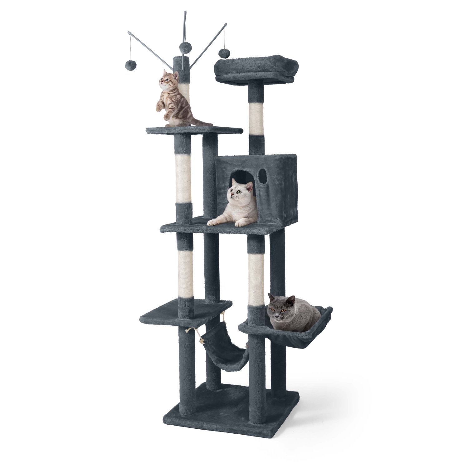 BOWHAUS 70 in. Dark Grey Cat Tower for Indoor Cats, Multi-Level Cat Activity Tree with Scratching Posts, Basket, Cave Condo