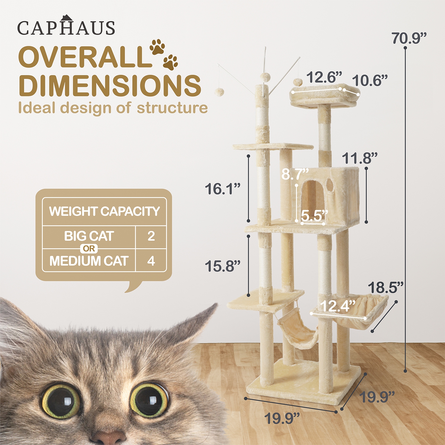 BOWHAUS 70 in. Beige Cat Tower for Indoor Cats, Multi-Level Cat Activity Tree with Scratching Posts, Basket, Cave Condo