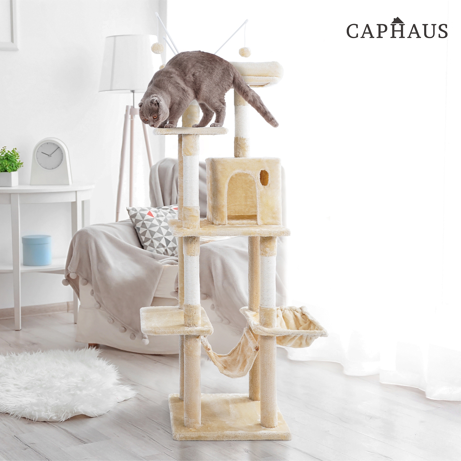 BOWHAUS 70 in. Beige Cat Tower for Indoor Cats, Multi-Level Cat Activity Tree with Scratching Posts, Basket, Cave Condo
