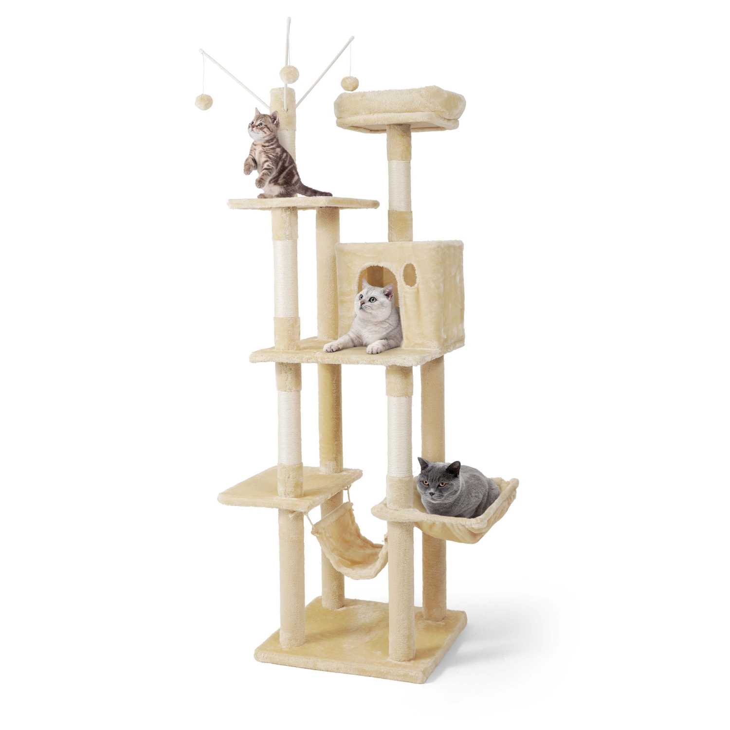 BOWHAUS 70 in. Beige Cat Tower for Indoor Cats, Multi-Level Cat Activity Tree with Scratching Posts, Basket, Cave Condo