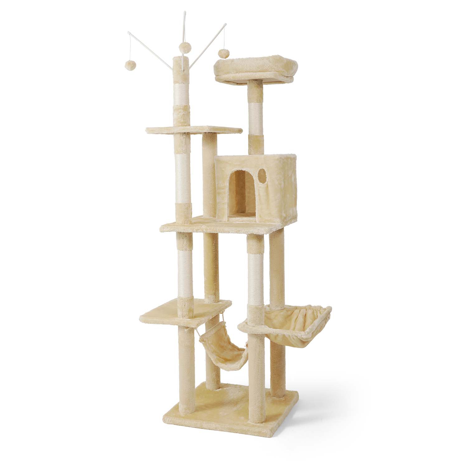 BOWHAUS 70 in. Beige Cat Tower for Indoor Cats, Multi-Level Cat Activity Tree with Scratching Posts, Basket, Cave Condo