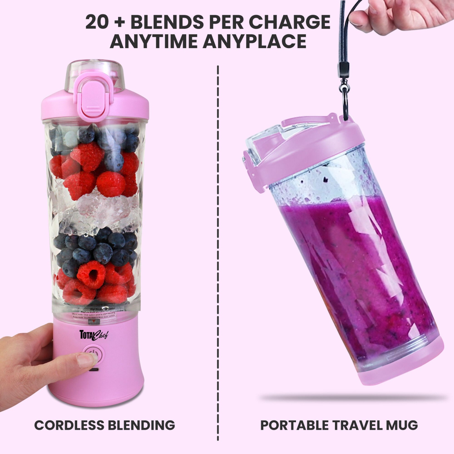 Mélangeur portatif sans fil Total chef, mélangeur personnel de 600 ml, USB rechargeable, lilas