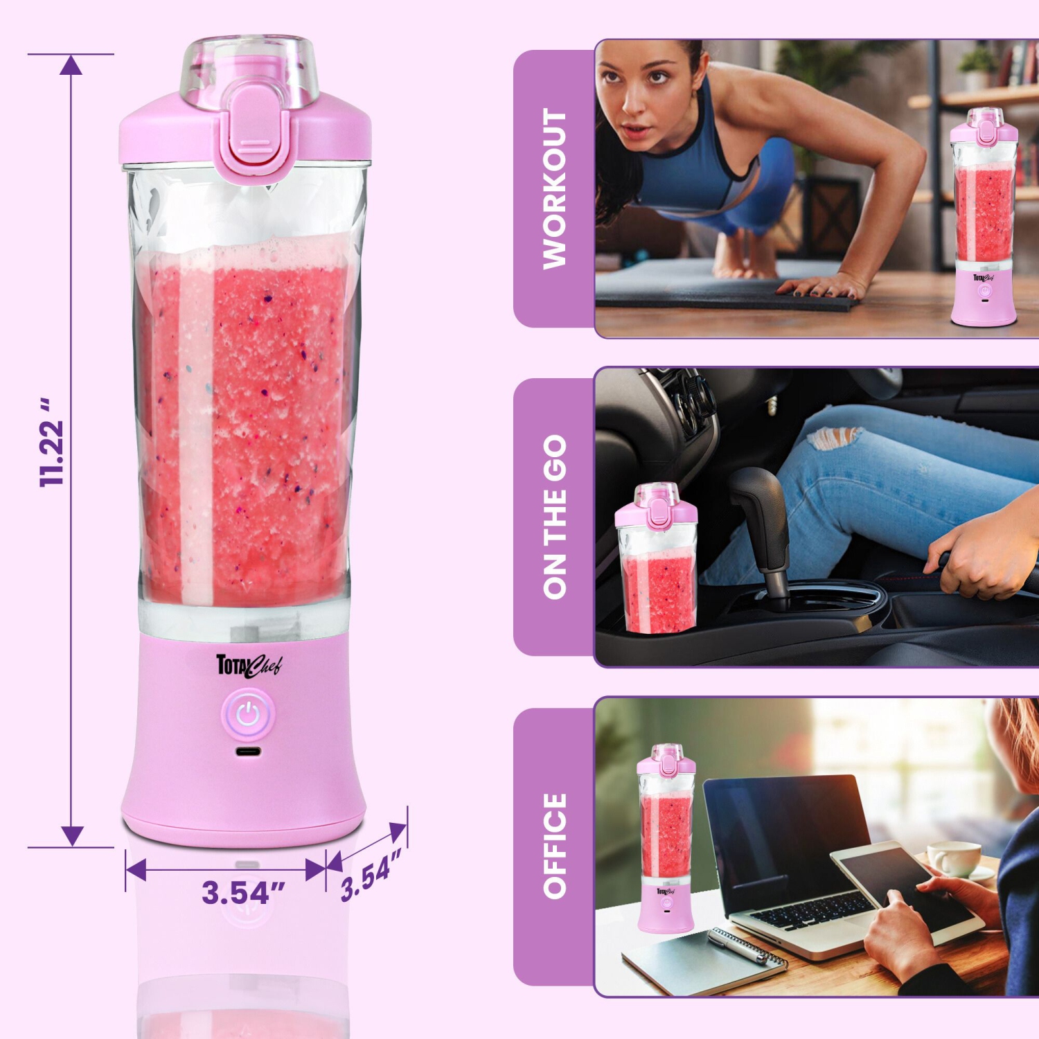 Mélangeur portatif sans fil Total chef, mélangeur personnel de 600 ml, USB rechargeable, lilas