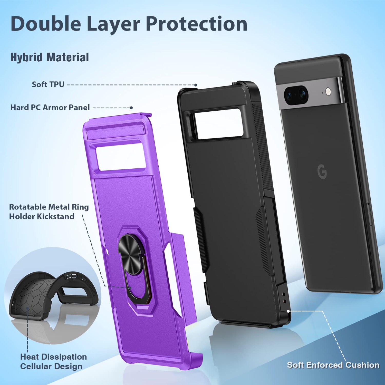 Google Pixel 7a Case: Dual Layer Heavy Duty Drop Proof Cell Phone Protective Cover | Magnetism RingKickstand | Shockproof Rubber Layer | Non Slip