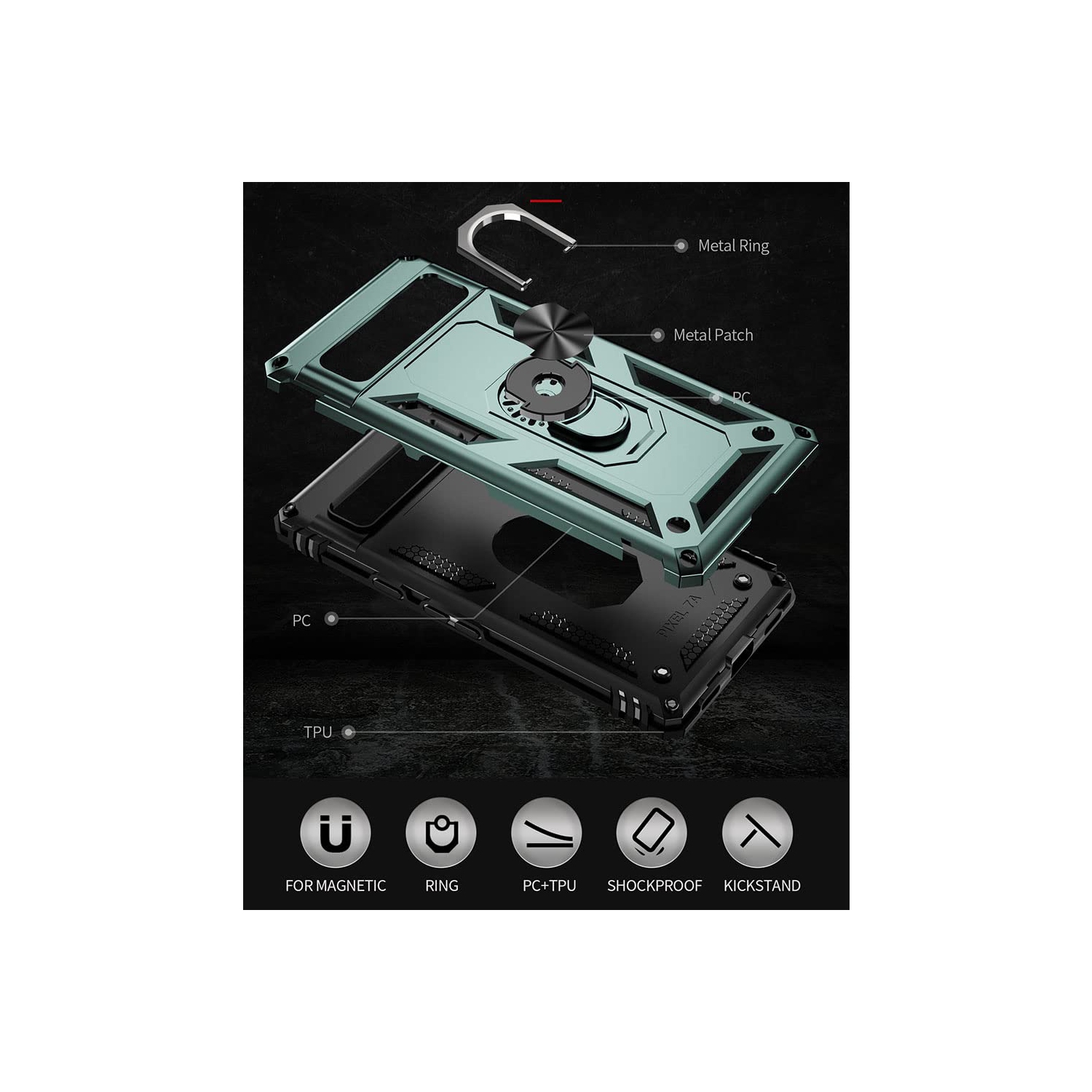 Pour Pixel 7a, étui Google Pixel 7A avec protecteur d'écran HD, 16 pi, qualité militaire Étui protecteur antichoc à anneau testé pour le Pixel 7a de