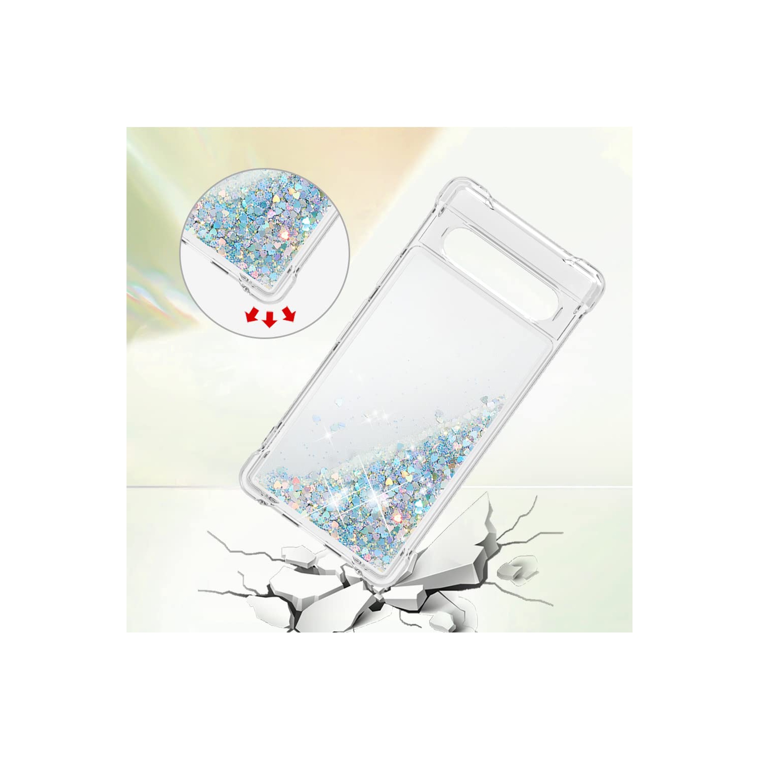 Étui rigide ajusté transparent pailleté pour Pixel 7A de Google, silicone souple antichoc QuickSand et résistant aux chocs pour Pixel 7A de Google.