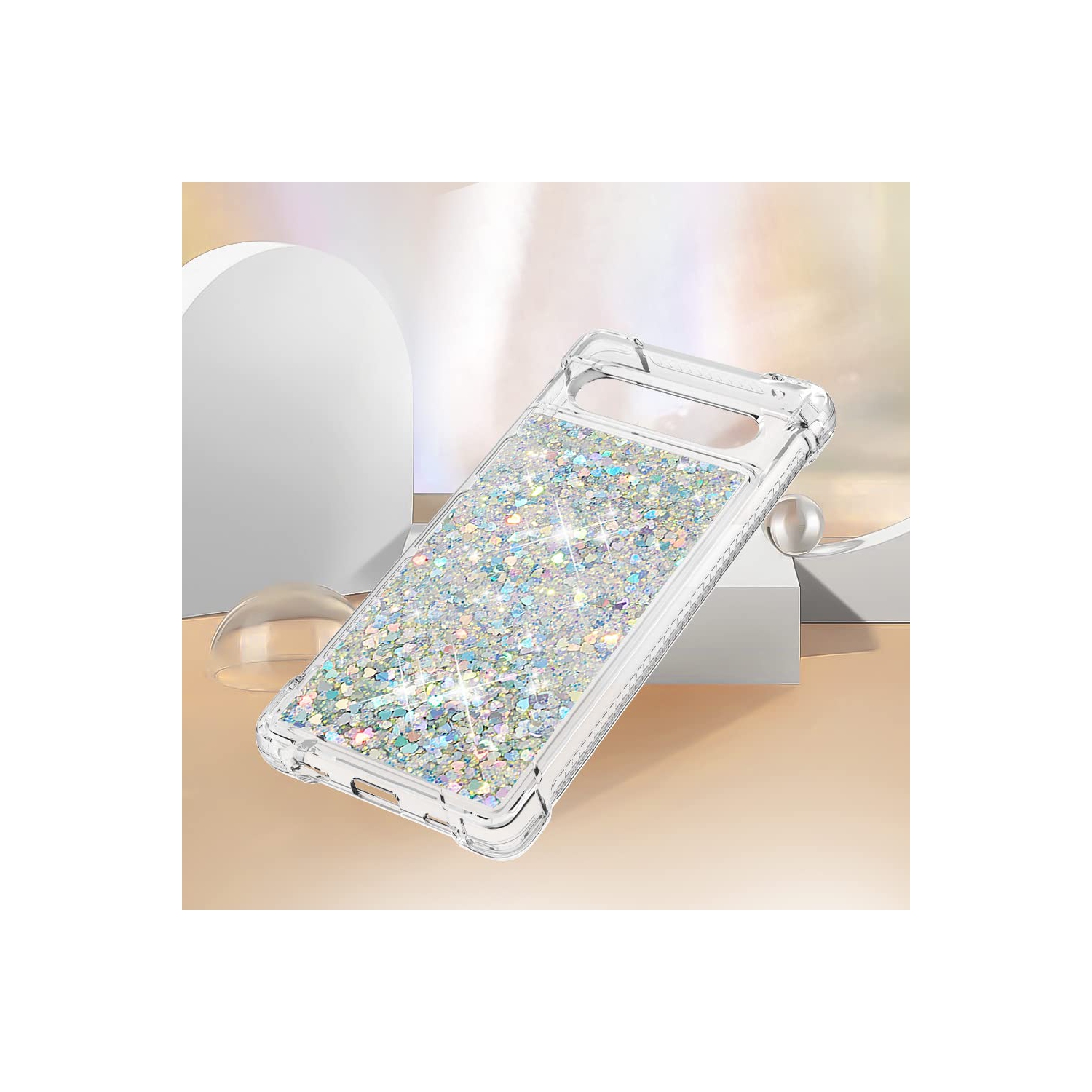 Étui rigide ajusté transparent pailleté pour Pixel 7A de Google, silicone souple antichoc QuickSand et résistant aux chocs pour Pixel 7A de Google.