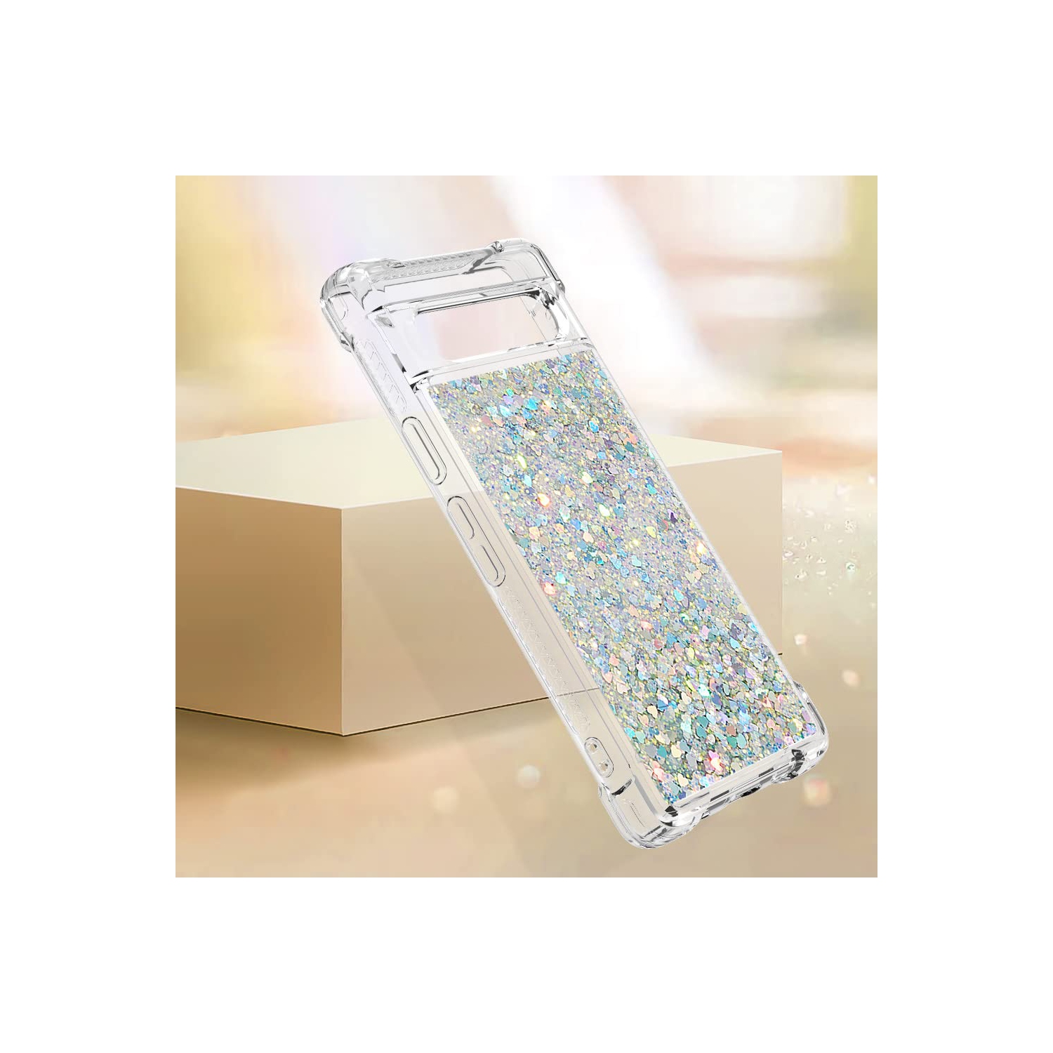 Étui rigide ajusté transparent pailleté pour Pixel 7A de Google, silicone souple antichoc QuickSand et résistant aux chocs pour Pixel 7A de Google.