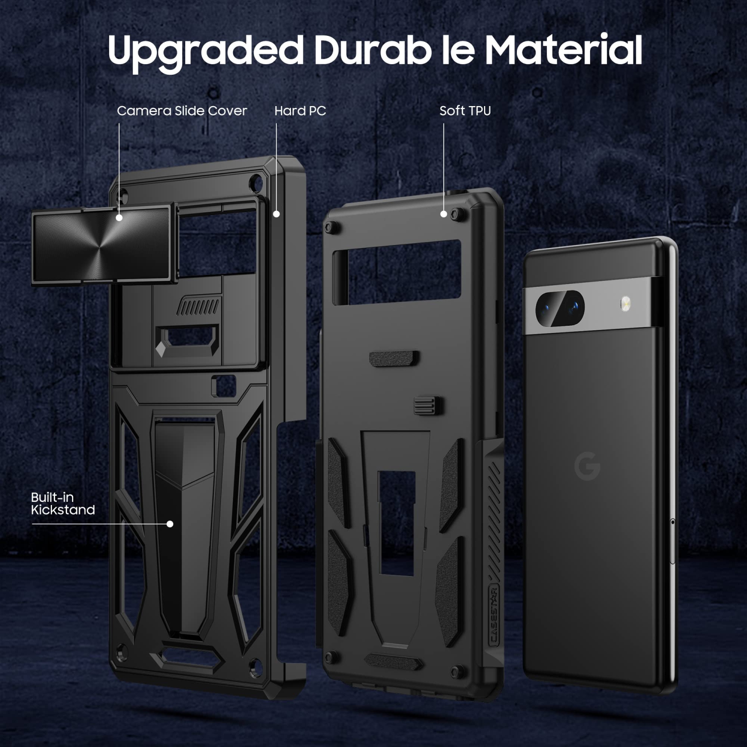 Military Armor Series Case for Google Pixel 7A?Build-in Kickstand & Camera Protection Sliding Cover with Screen Protector -