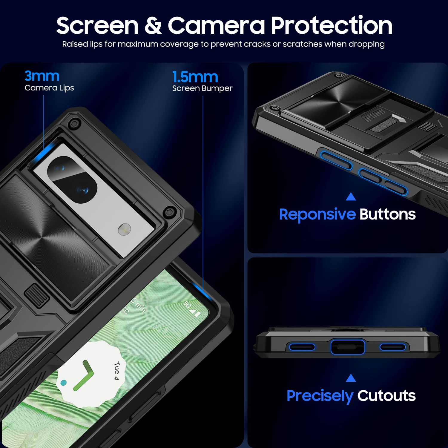 Military Armor Series Case for Google Pixel 7A?Build-in Kickstand & Camera Protection Sliding Cover with Screen Protector -