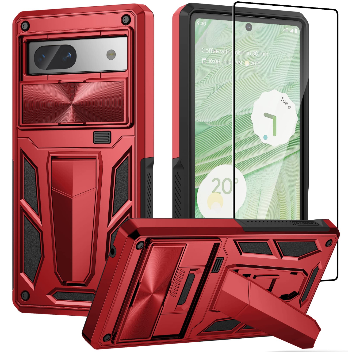 Military Armor Series Case for Google Pixel 7A?Build-in Kickstand & Camera Protection Sliding Cover with Screen Protector -