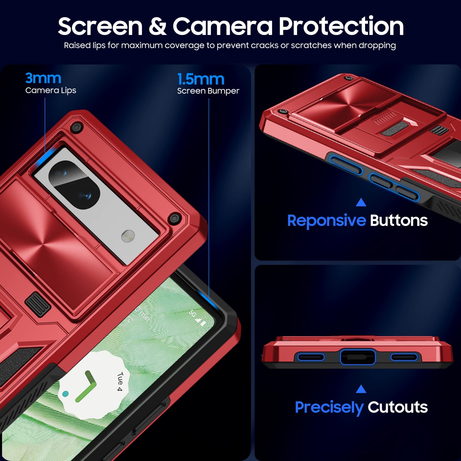 Military Armor Series Case for Google Pixel 7A?Build-in Kickstand & Camera Protection Sliding Cover with Screen Protector -