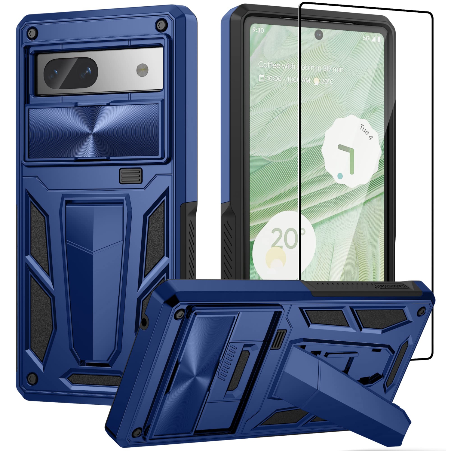Étui militaire Armor Series pour Pixel 7A Google, béquille, étui protection caméra, protecteur écran-(bleu métallique)