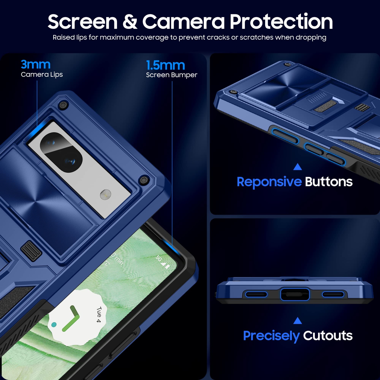 Étui militaire Armor Series pour Pixel 7A Google, béquille, étui protection caméra, protecteur écran-(bleu métallique)