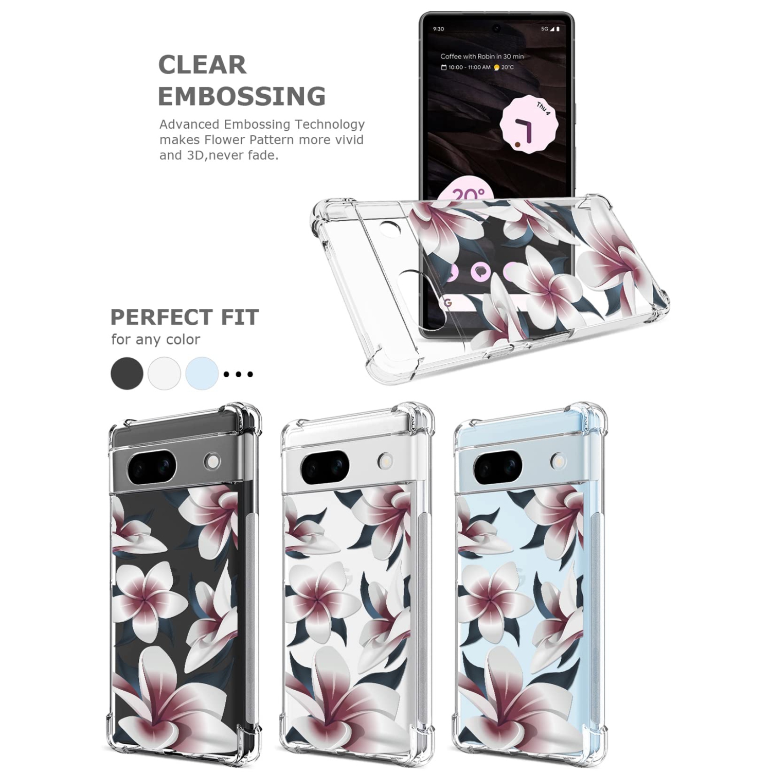 Floral Clear Case for Pixel 7a with 2 Screen Protector for Women/Girls,Flower Phone Cover for Google Pixel 7a,Pretty Design Soft Cute Drop Proof