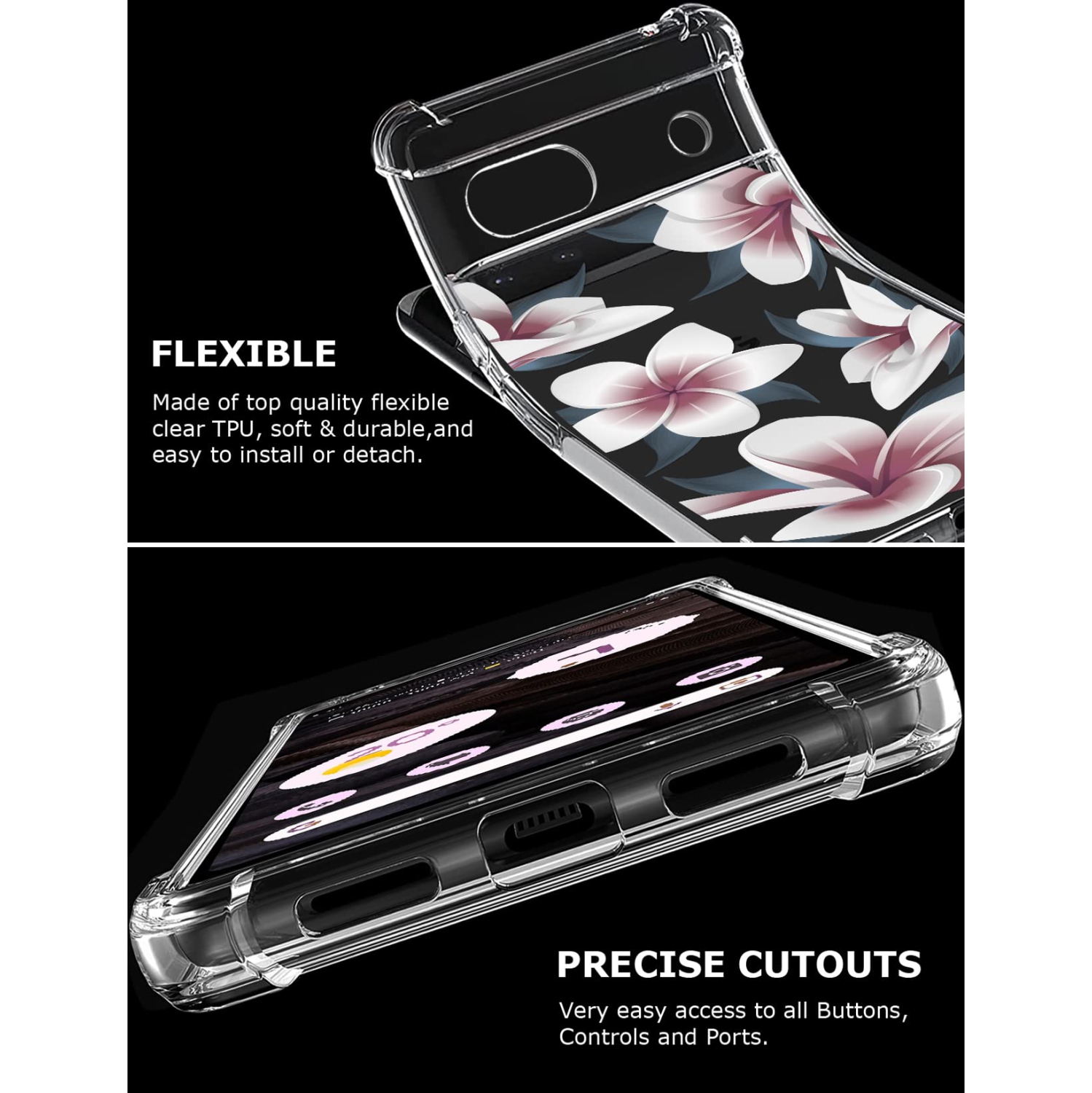 Floral Clear Case for Pixel 7a with 2 Screen Protector for Women/Girls,Flower Phone Cover for Google Pixel 7a,Pretty Design Soft Cute Drop Proof
