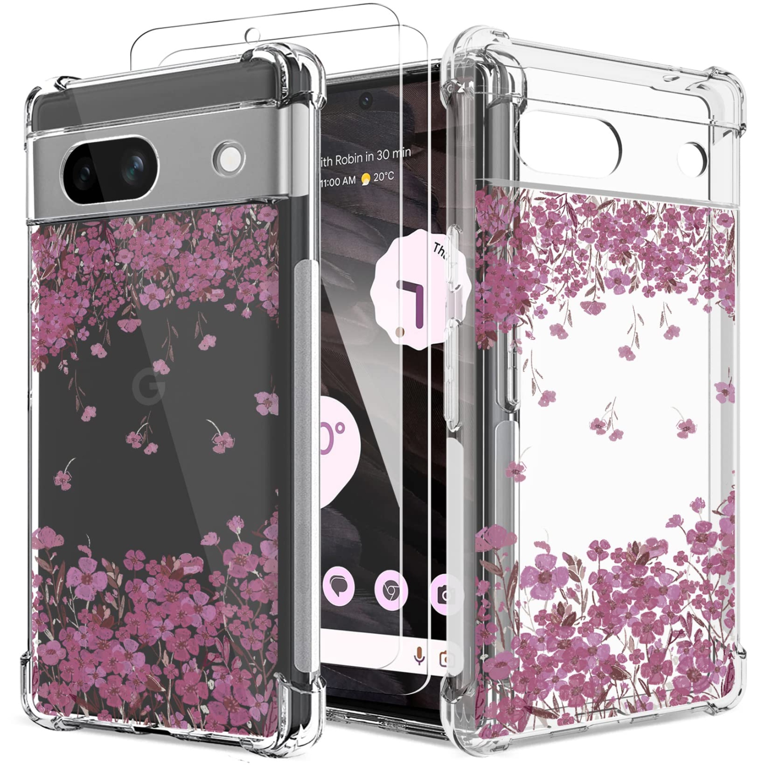 Floral Clear Case for Pixel 7a with 2 Screen Protector for Women/Girls,Flower Phone Cover for Google Pixel 7a,Pretty Design Soft Cute Drop Proof