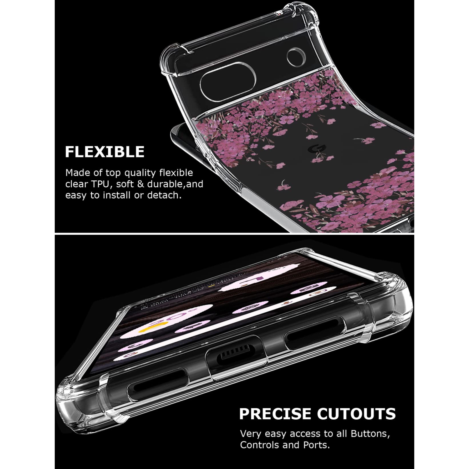 Floral Clear Case for Pixel 7a with 2 Screen Protector for Women/Girls,Flower Phone Cover for Google Pixel 7a,Pretty Design Soft Cute Drop Proof