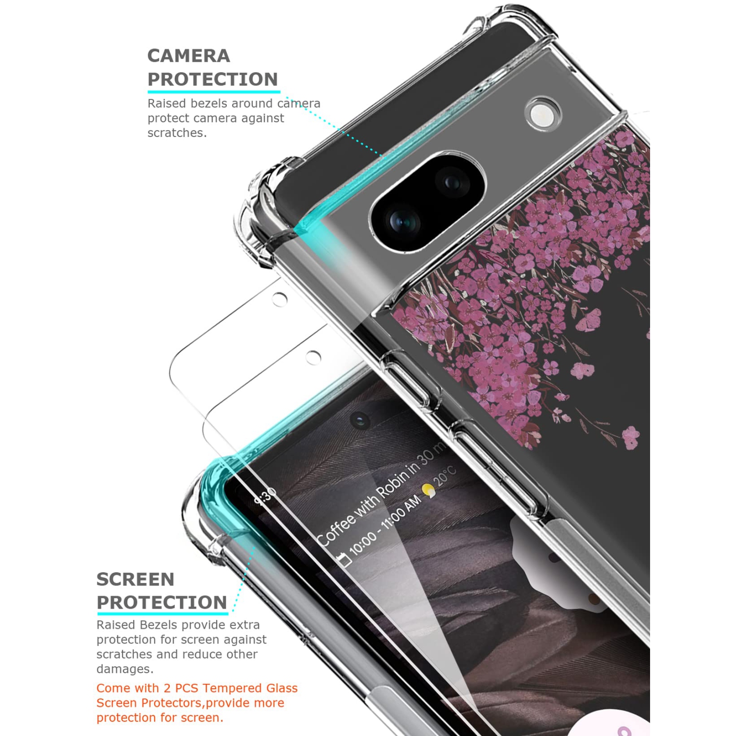 Floral Clear Case for Pixel 7a with 2 Screen Protector for Women/Girls,Flower Phone Cover for Google Pixel 7a,Pretty Design Soft Cute Drop Proof