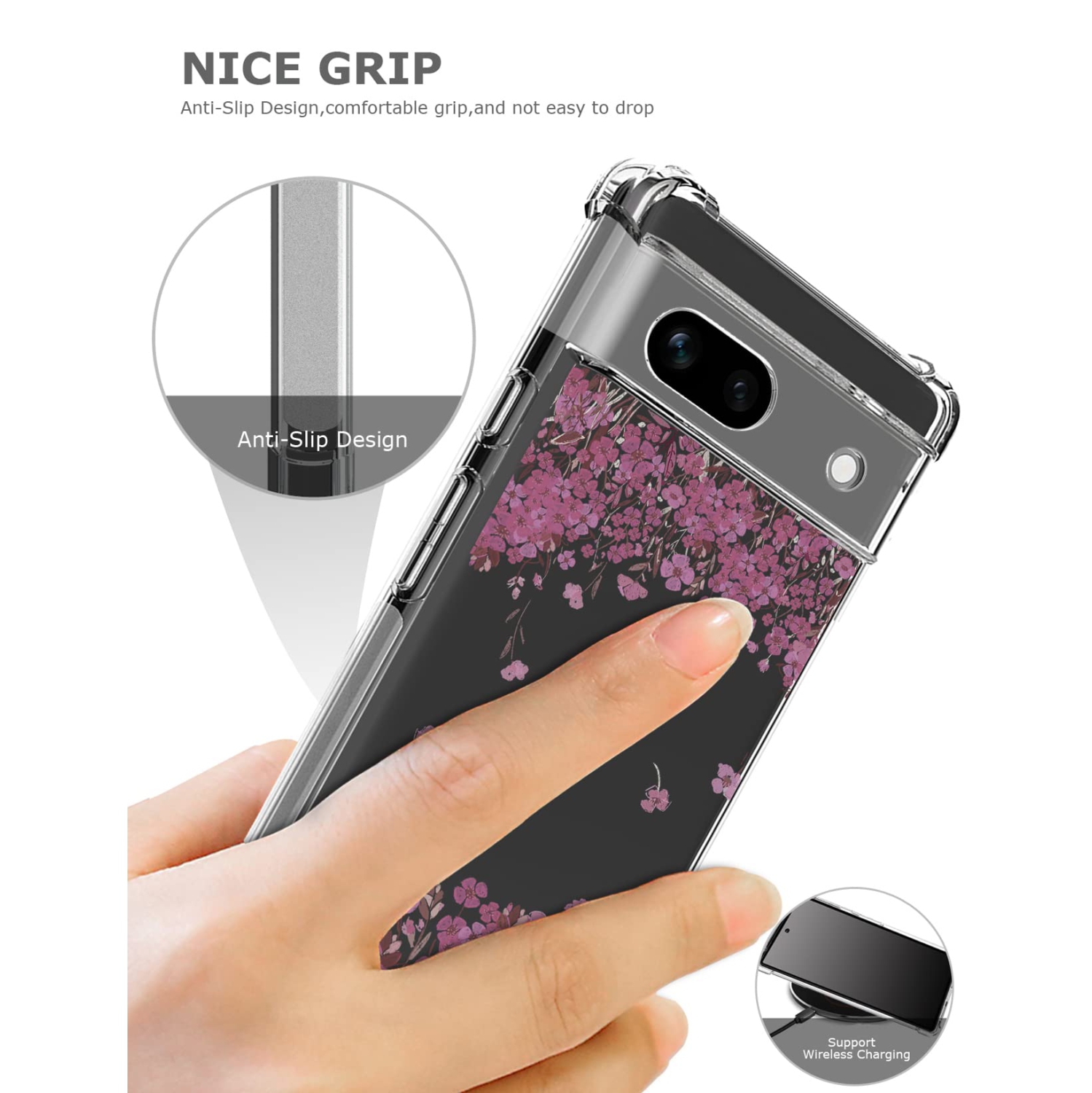 Floral Clear Case for Pixel 7a with 2 Screen Protector for Women/Girls,Flower Phone Cover for Google Pixel 7a,Pretty Design Soft Cute Drop Proof