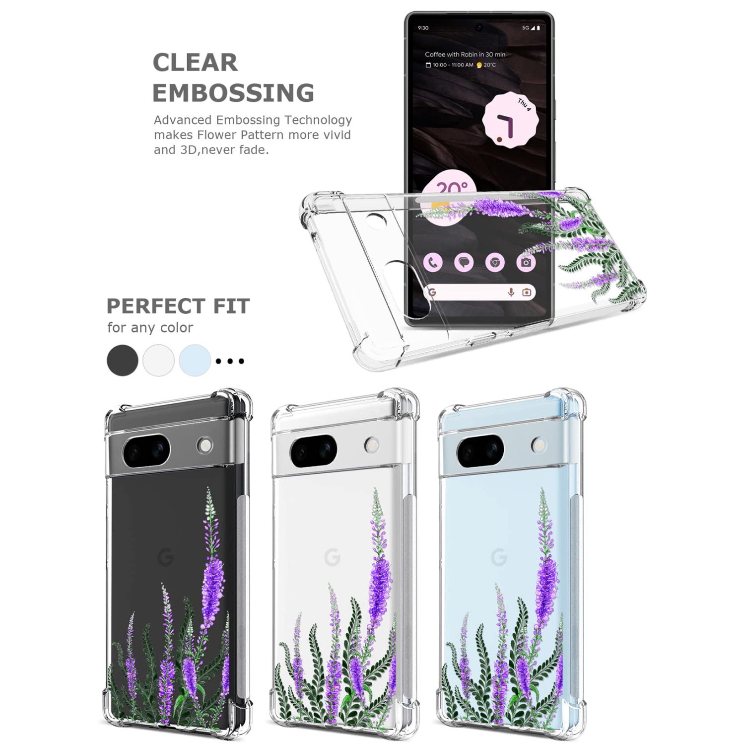 Floral Clear Case for Pixel 7a with 2 Screen Protector for Women/Girls,Flower Phone Cover for Google Pixel 7a,Pretty Design Soft Cute Drop Proof