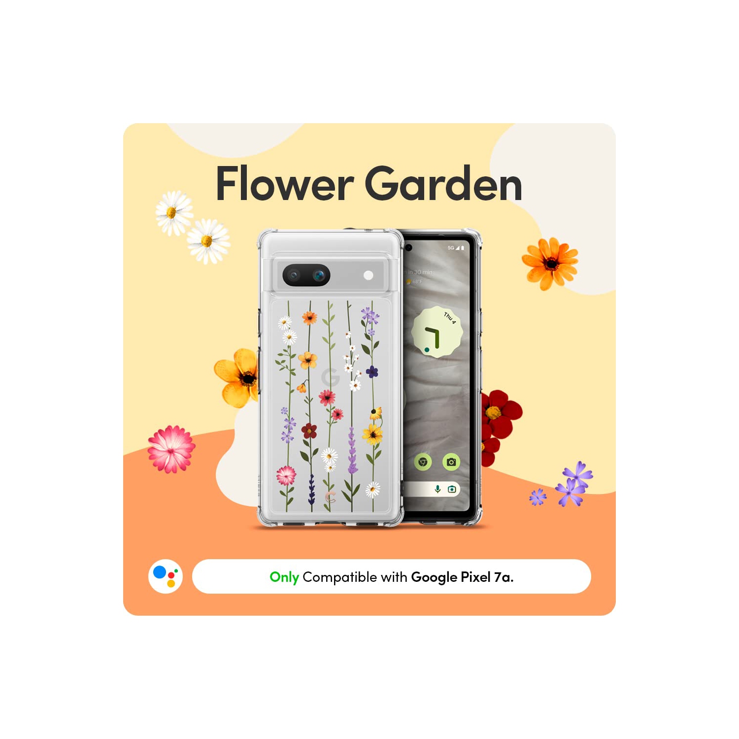 Compatible with Google Pixel 7a Case 5G, Clear with Cute Floral Design for Women, Slim Fit Profile - Flower Garden