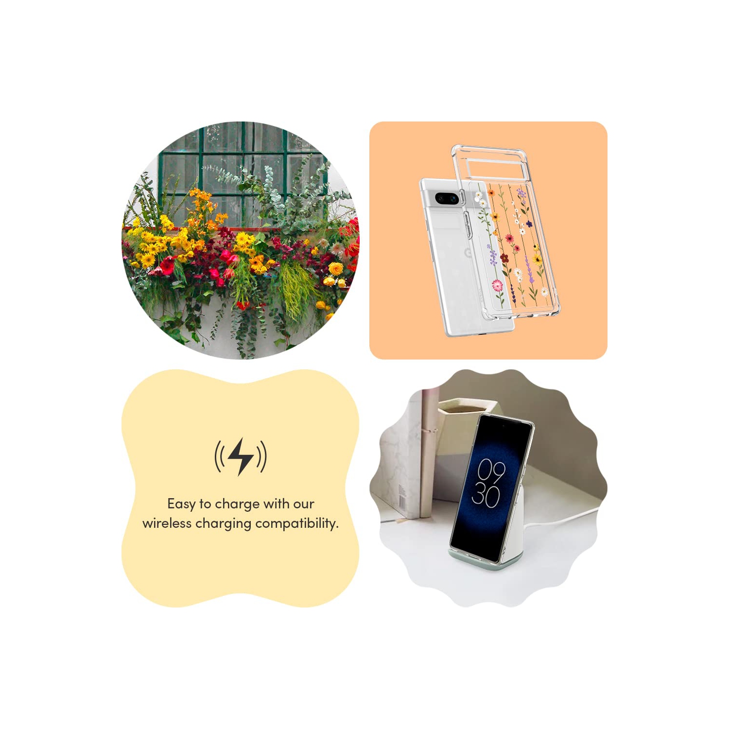 Compatible with Google Pixel 7a Case 5G, Clear with Cute Floral Design for Women, Slim Fit Profile - Flower Garden