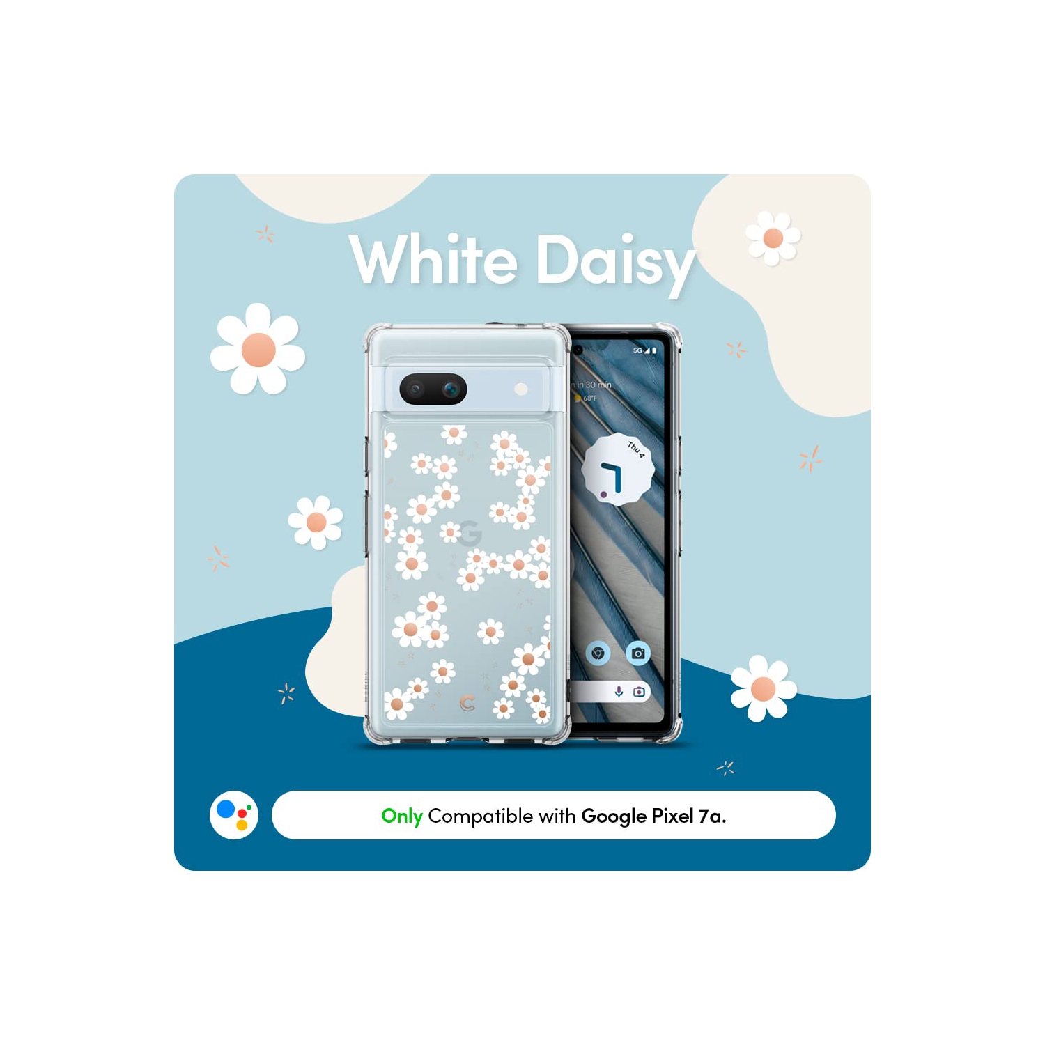 Compatible avec l’étui 5G pour Pixel 7a de Google, transparent avec cute Floral Design for Women, Slim Fit Profile - White Daisy