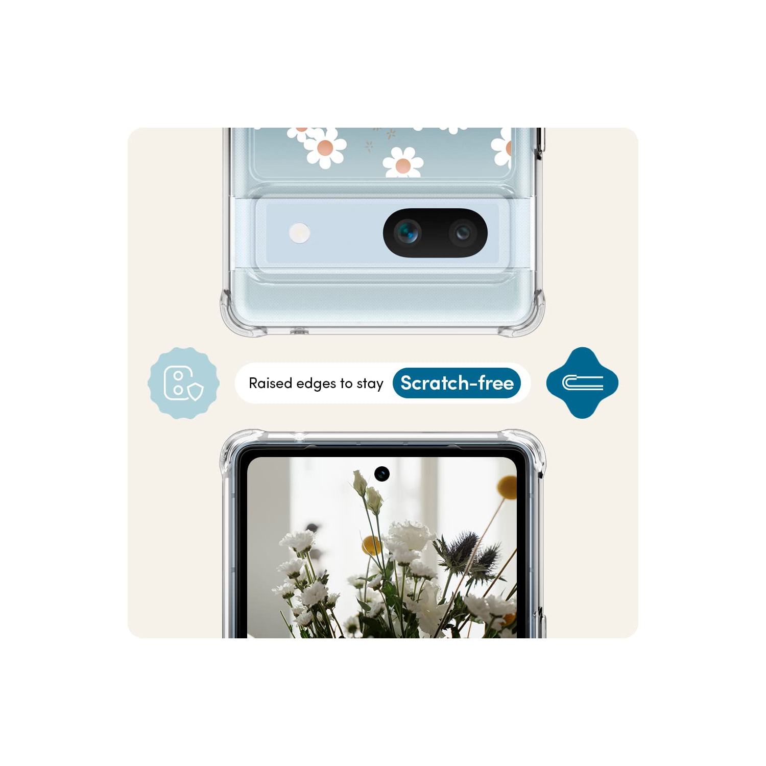 Compatible avec l’étui 5G pour Pixel 7a de Google, transparent avec cute Floral Design for Women, Slim Fit Profile - White Daisy