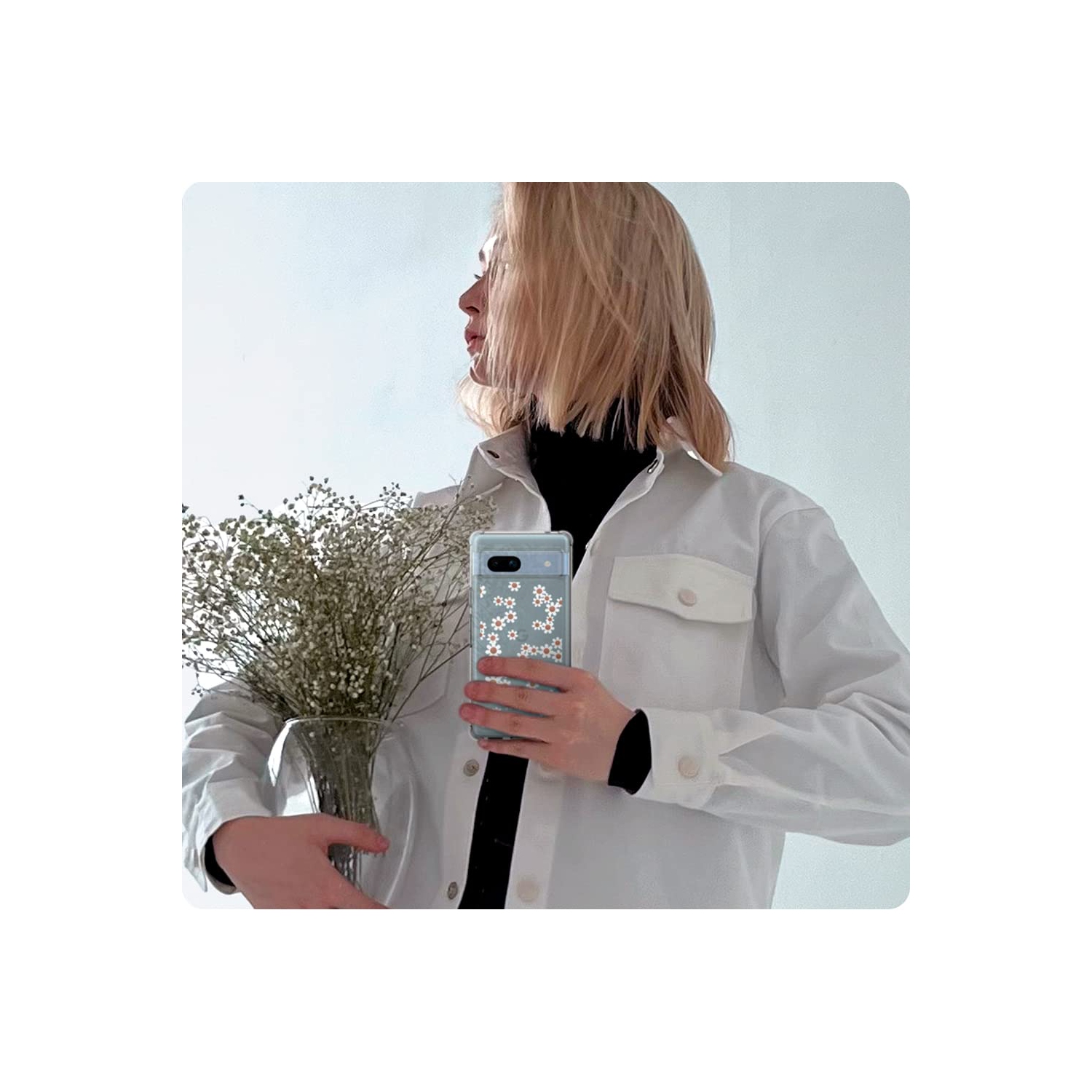 Compatible avec l’étui 5G pour Pixel 7a de Google, transparent avec cute Floral Design for Women, Slim Fit Profile - White Daisy