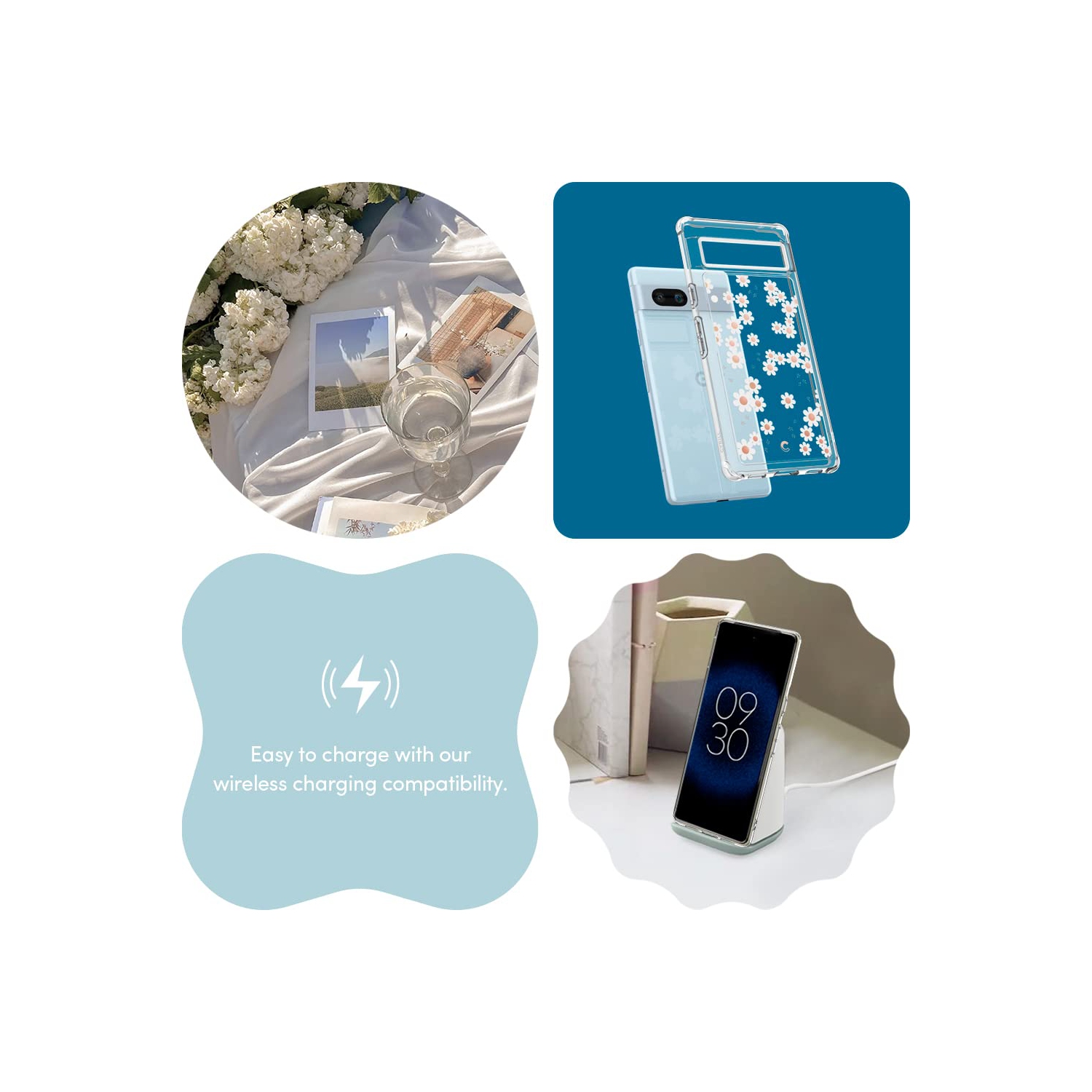 Compatible avec l’étui 5G pour Pixel 7a de Google, transparent avec cute Floral Design for Women, Slim Fit Profile - White Daisy