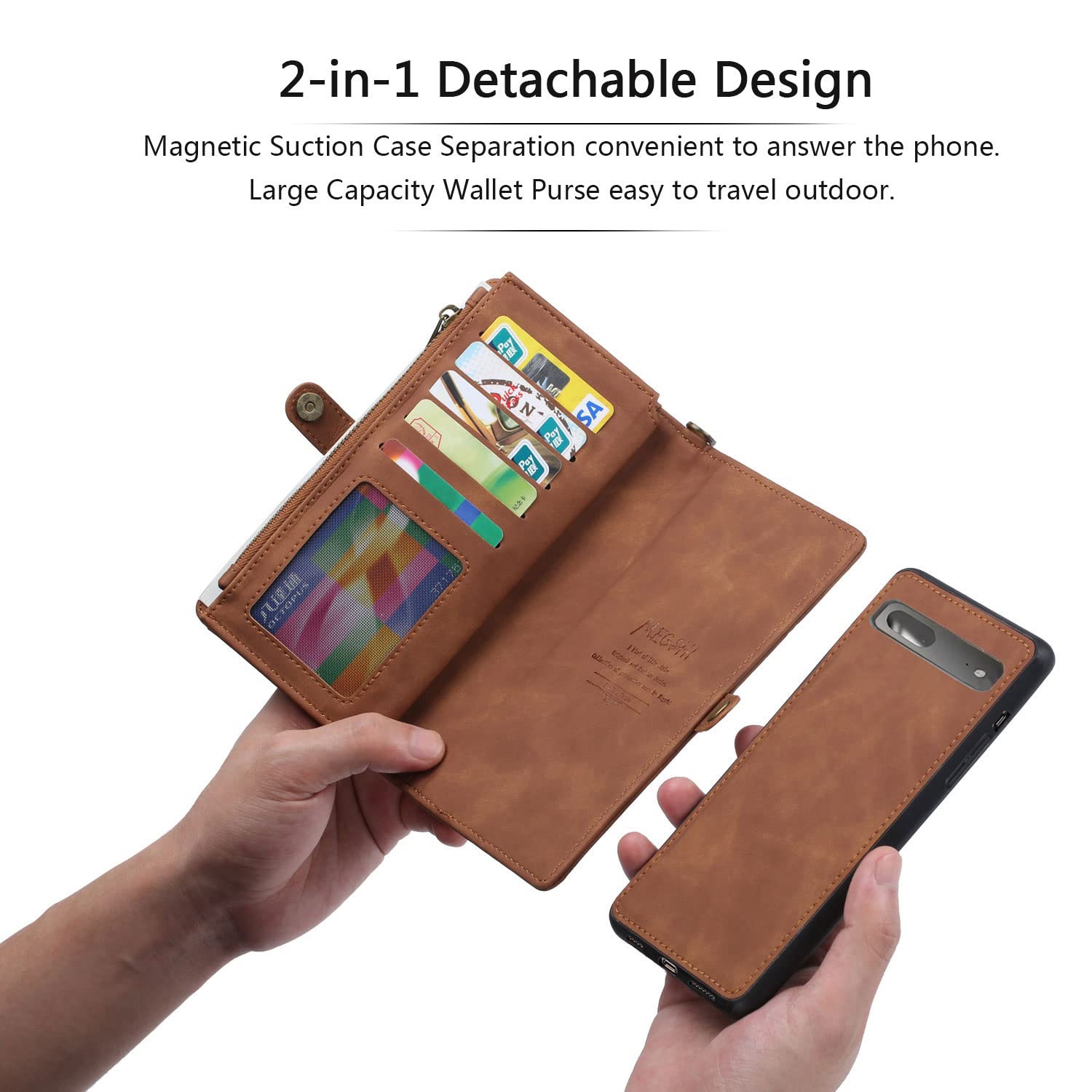 Google Pixel 7A Wallet case,Google Pixel 7A Flip Leather case Card Slots Holder Zipper Purse Detachable Magnetic Cover Hand Strap Cash Pocket Pouch