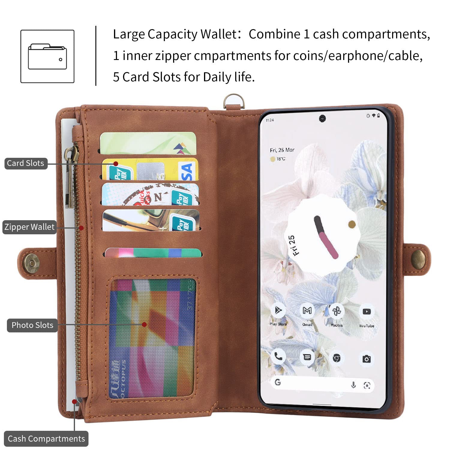 Google Pixel 7A Wallet case,Google Pixel 7A Flip Leather case Card Slots Holder Zipper Purse Detachable Magnetic Cover Hand Strap Cash Pocket Pouch