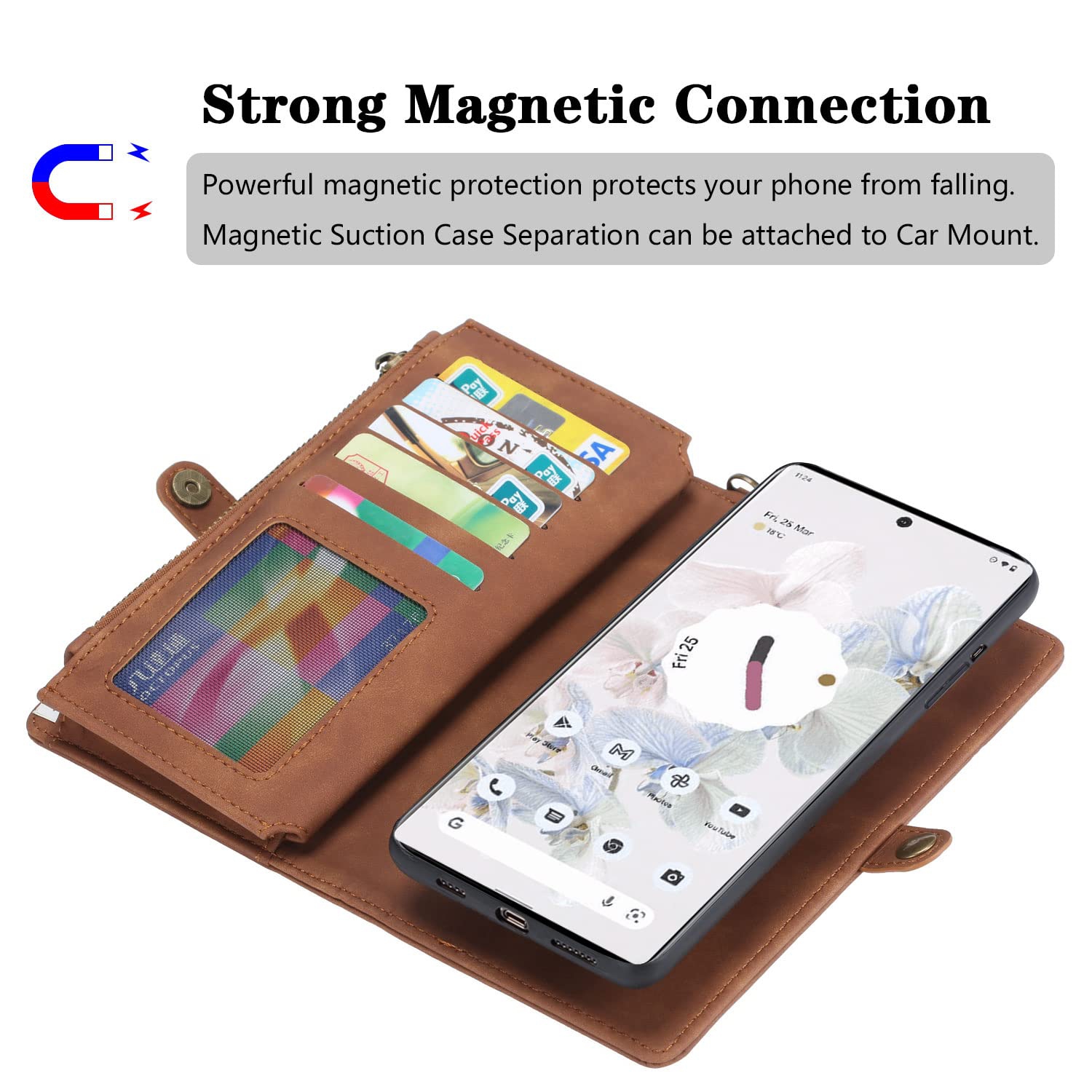 Google Pixel 7A Wallet case,Google Pixel 7A Flip Leather case Card Slots Holder Zipper Purse Detachable Magnetic Cover Hand Strap Cash Pocket Pouch