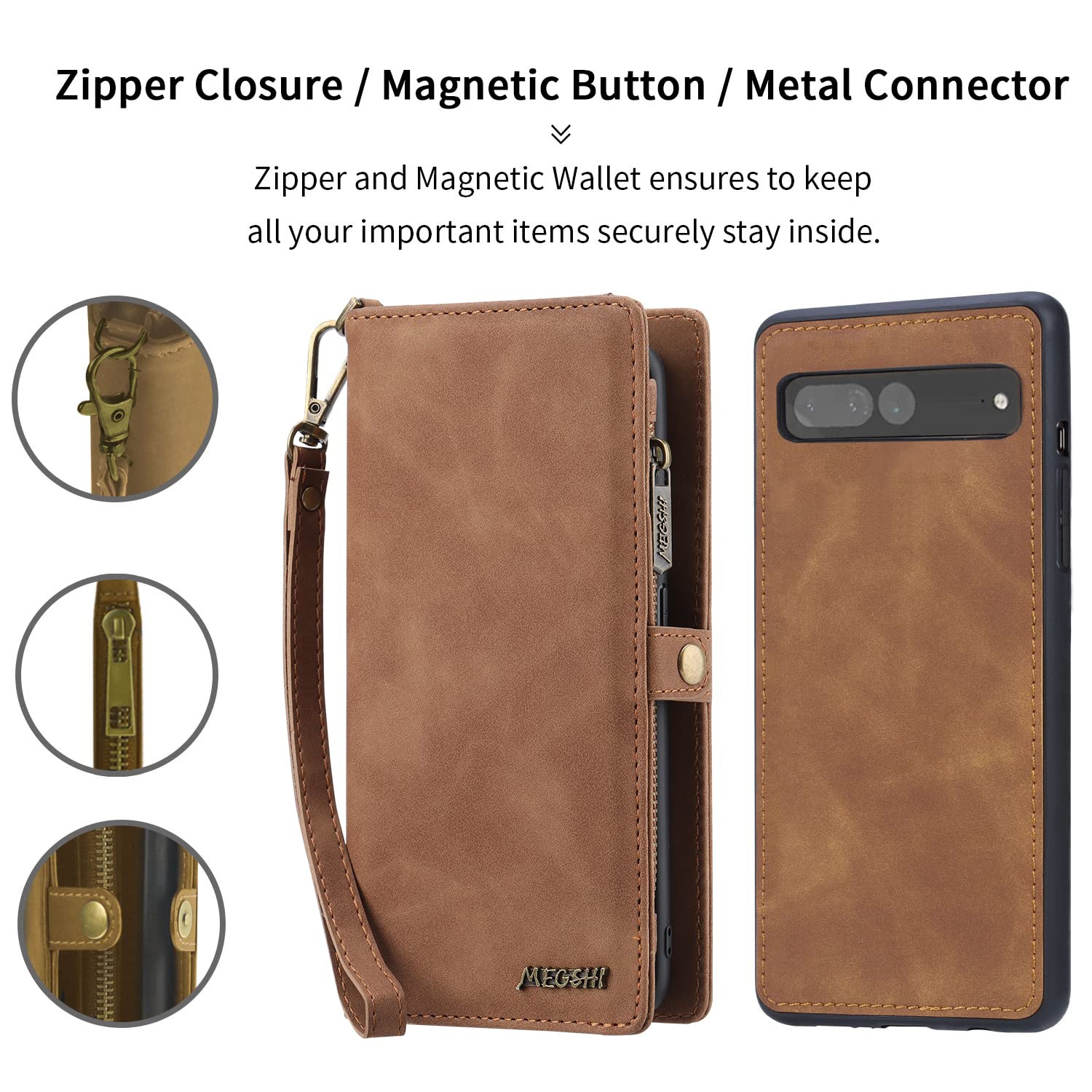 Google Pixel 7A Wallet case,Google Pixel 7A Flip Leather case Card Slots Holder Zipper Purse Detachable Magnetic Cover Hand Strap Cash Pocket Pouch