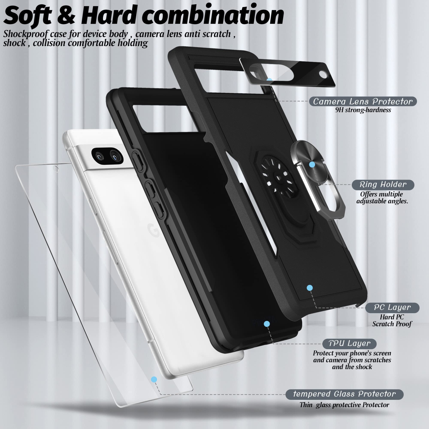 Étui 5-en-1 pour Pixel 7A 5G de Google, étui béquille, protecteur d’écran et protecteur d’objectif d’appareil photo pour Pixel 7A 5G de Google,