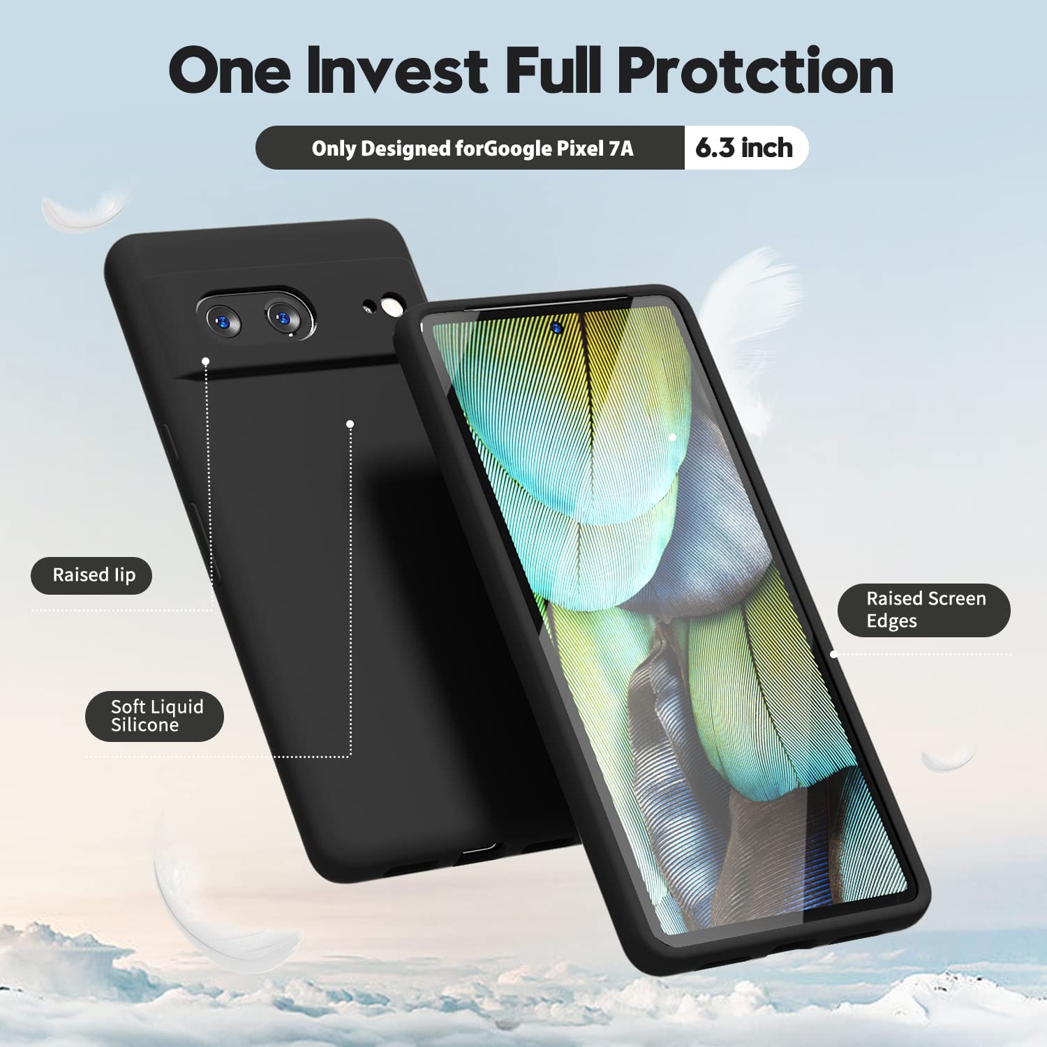 Designed for Google Pixel 7A Case Silicone Grip, Soft Rubber Gel Phone Case for Women Girl Cute, Thin Slim Flexible Protective TPU 6.1", Black