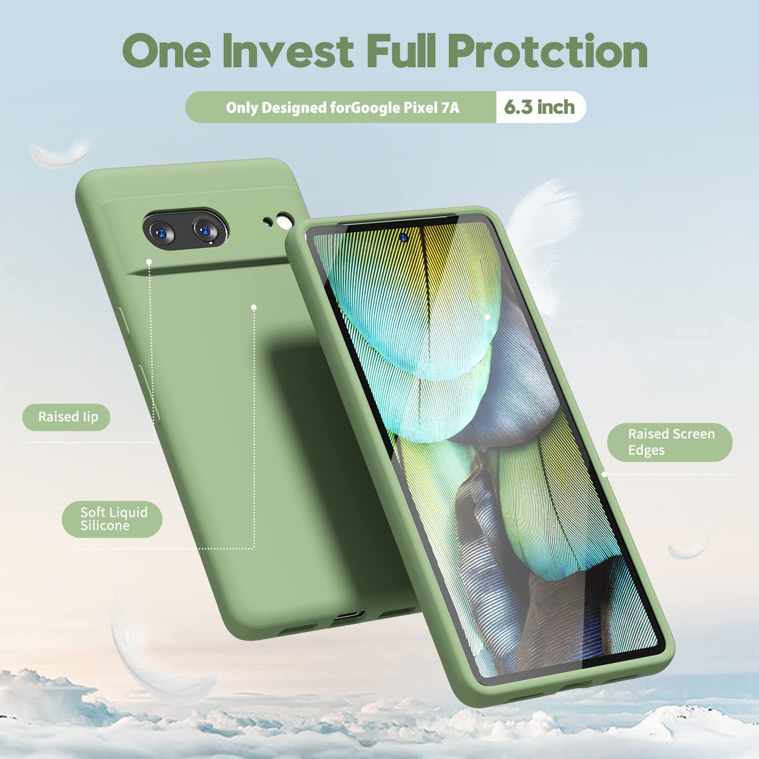 Conçu pour Google Pixel 7A Étui silicone Grip, étui en gel souple pour femmes cute, mince et flexible TPUR, 6.1 po, menthe