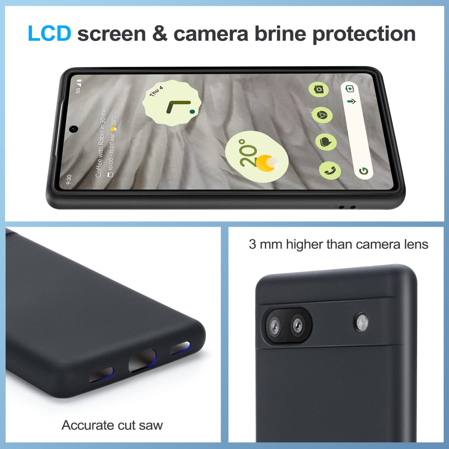 Étui pleine grandeur résistant antichoc, silicone liquide, étui rigide, mince, rigide, protection antiitation, Pixel 7A 5G de Google-Noir