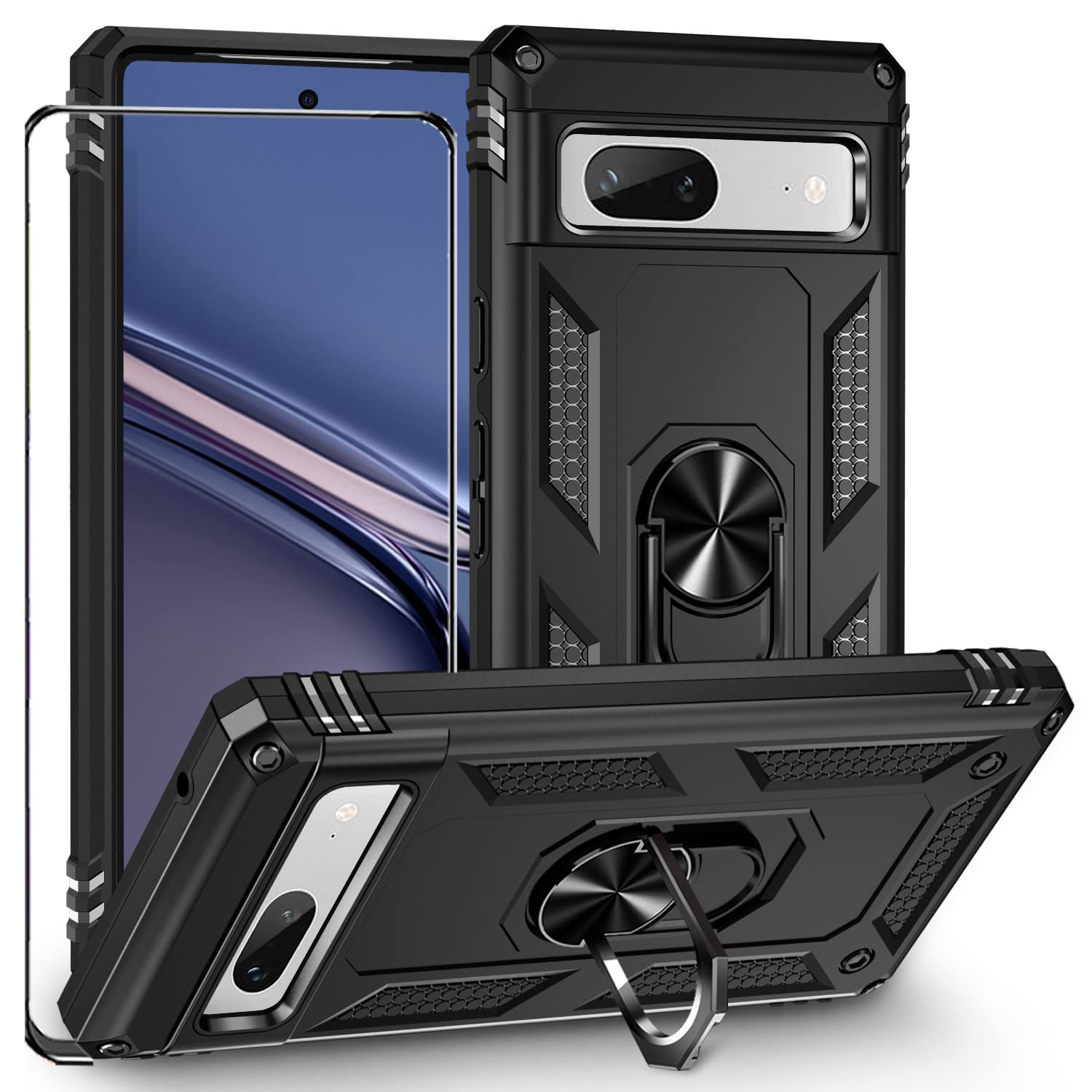 Google Pixel 7A Case with Screen Protector,Ring Kickstand Heavy Duty Protection Dual Layer Shockproof Military Grade Protective Cover Phone Case for
