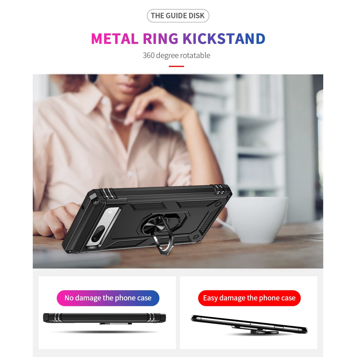 Google Pixel 7A Case with Screen Protector,Ring Kickstand Heavy Duty Protection Dual Layer Shockproof Military Grade Protective Cover Phone Case for