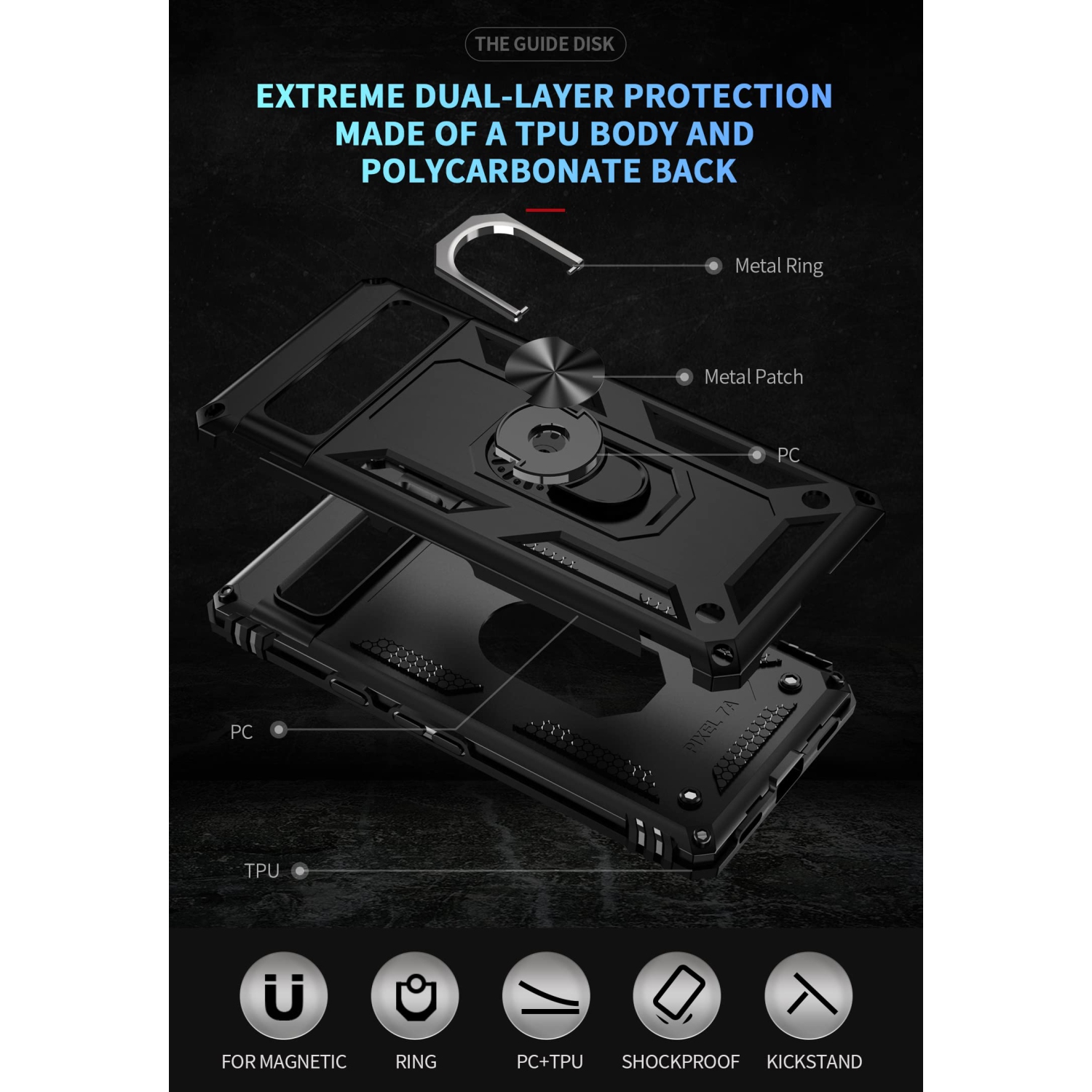 Google Pixel 7A Case with Screen Protector,Ring Kickstand Heavy Duty Protection Dual Layer Shockproof Military Grade Protective Cover Phone Case for