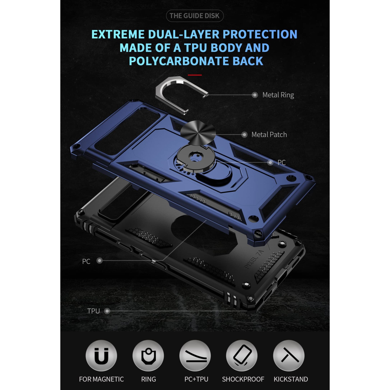 Étui téléphone Pixel 7A Google avec protecteur d’écran, béquille en anneau, protection antichoc, double couche, protection militaire, pour Pixel 7A