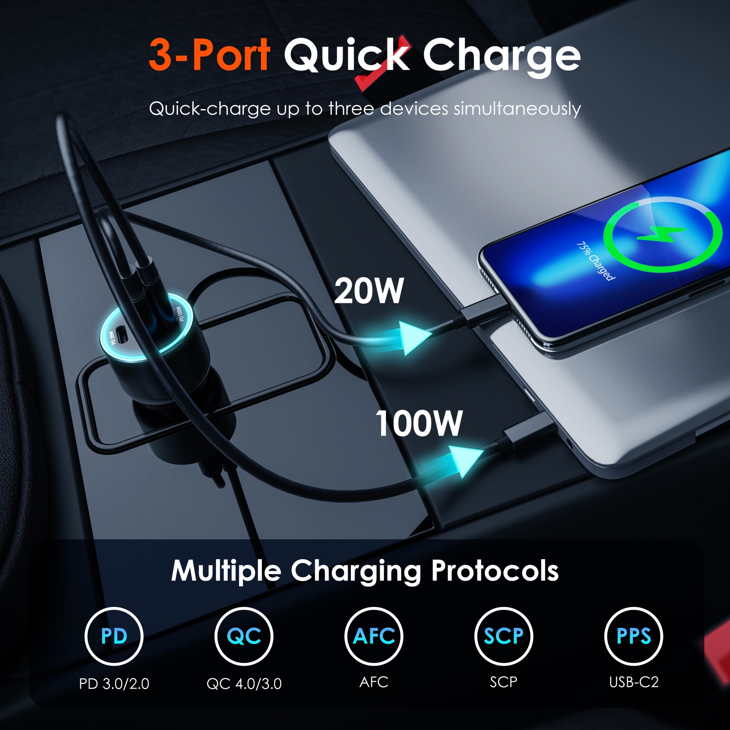 Rexing 120W Vehicle Quick Charger with 2 USB-C & 1 USB Port Compatible with iPhone and Samsung Note - Gray