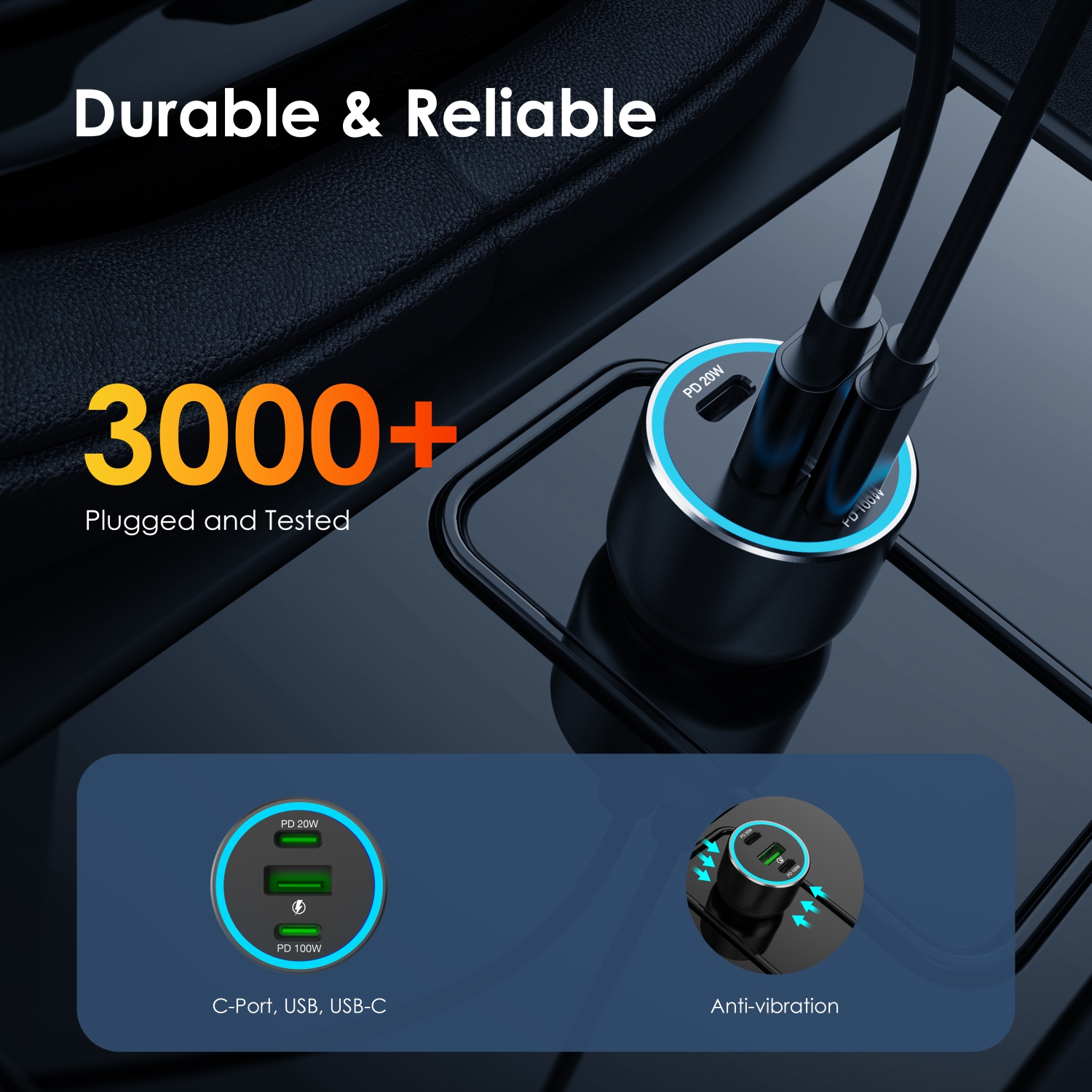 Rexing 120W Vehicle Quick Charger with 2 USB-C & 1 USB Port Compatible with iPhone and Samsung Note - Gray